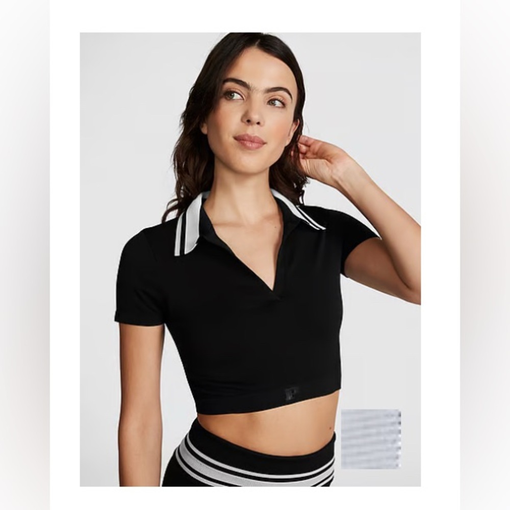 Victoria’s Secret Pink Seamless Cropped Polo Tee/Pure Black-Size XS NWT🖤